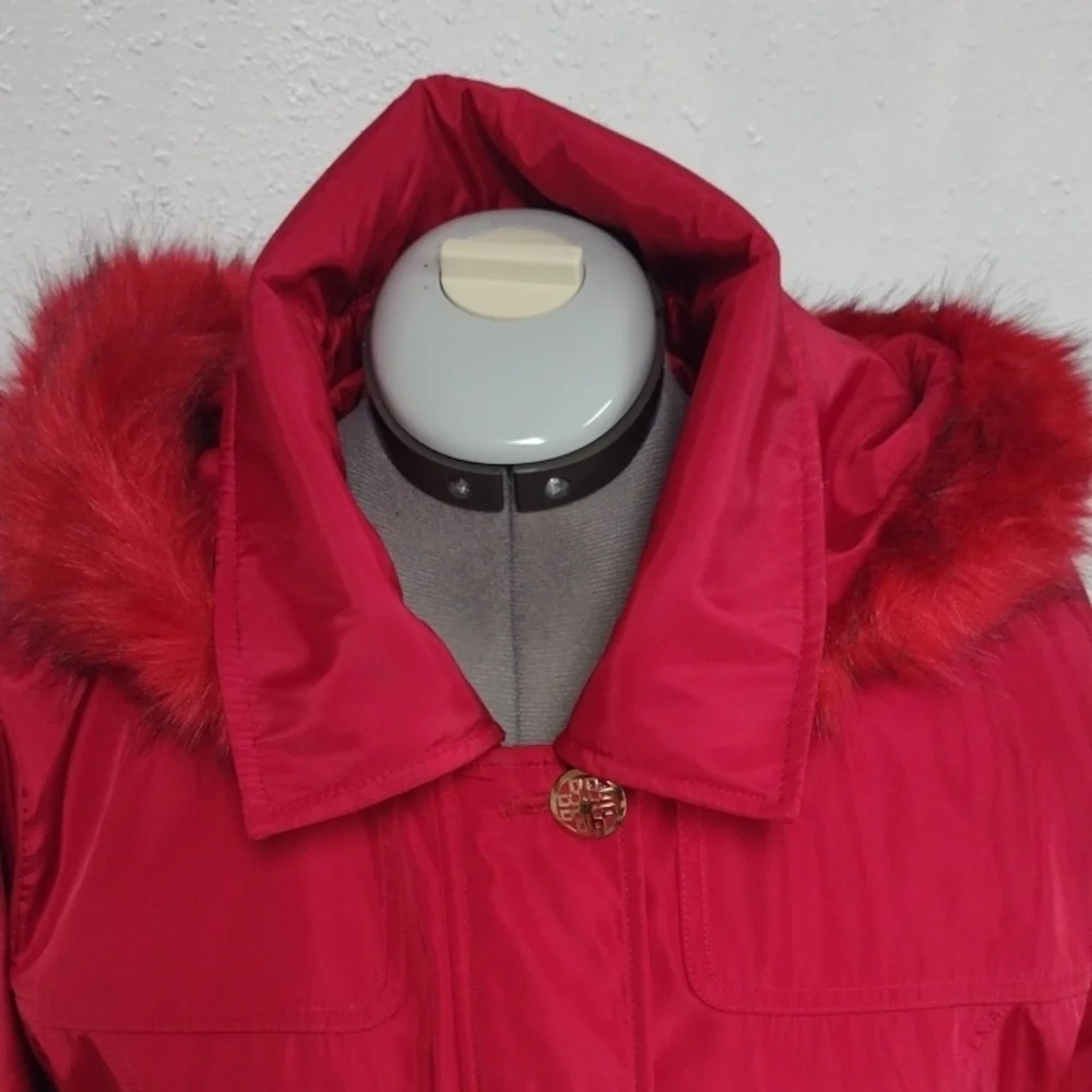 Dennis Basso Red Hooded Puffer Coat with Fur Trim - Picture 3 of 16